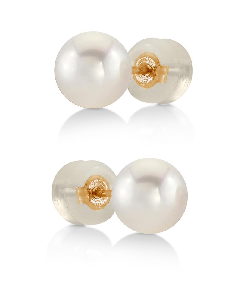 THE PEARL SOURCE Round White Freshwater Real Pearl Earrings for Women - 14k Gold Stud Earrings | Hypoallergenic Earrings with Genuine Cultured Pearls, 6.0-6.5mm - Image 1